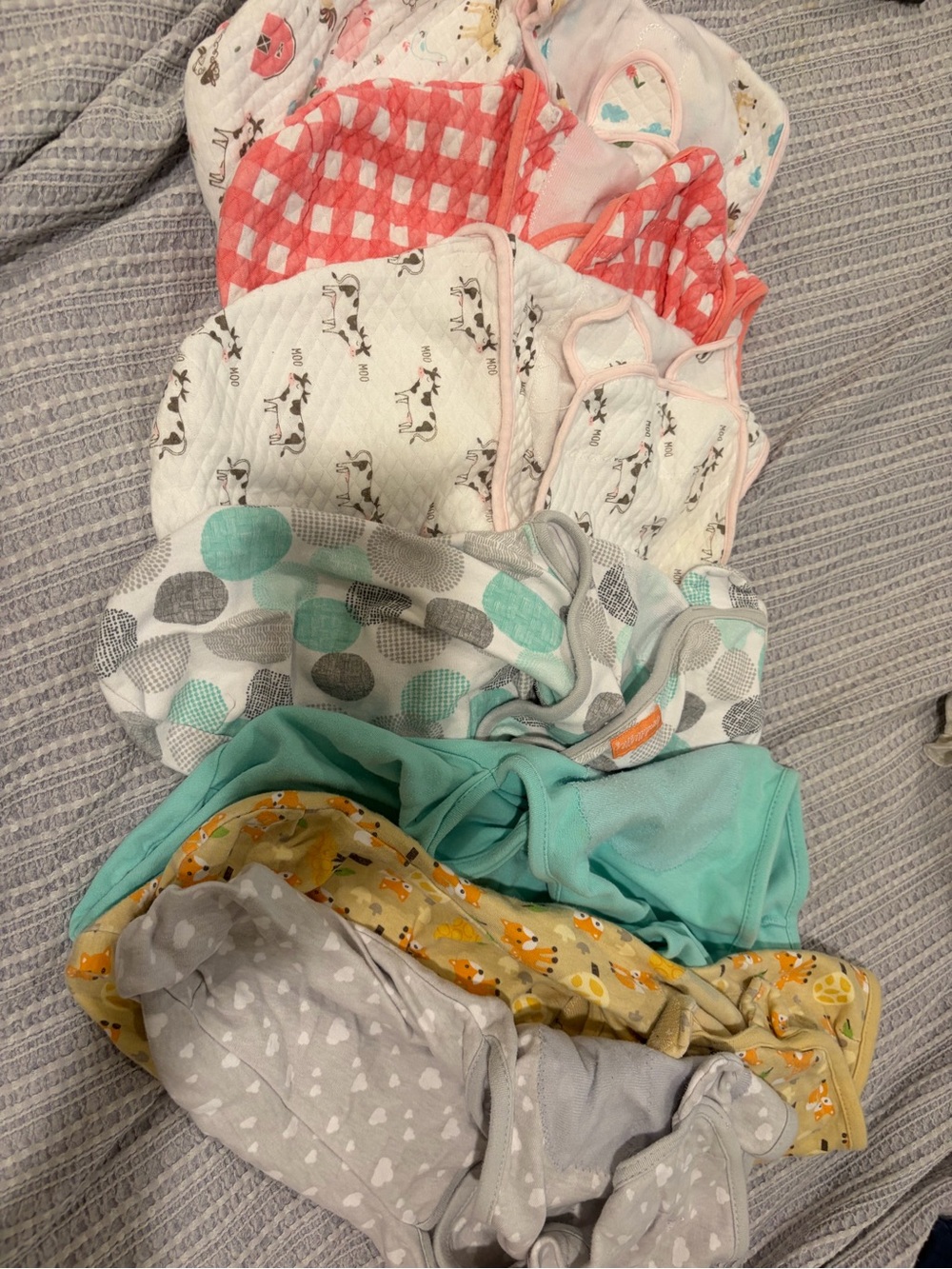 Mixed Baby Swaddle and Sleep Sack Bundle of 6 - Coral, Mint, Gray, Yellow, farm